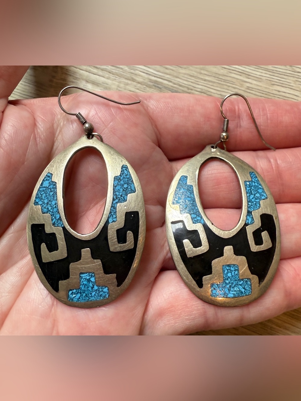 Vintage Alpaca Mexico Inlay Earrings Turquoise Black Enamel Silver Geometric